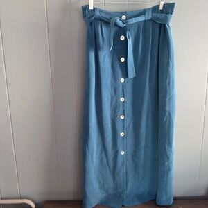 DUE per DUE‎ Silk Skirt Button Front Tie Waist Maxi Long Blue Size 14
